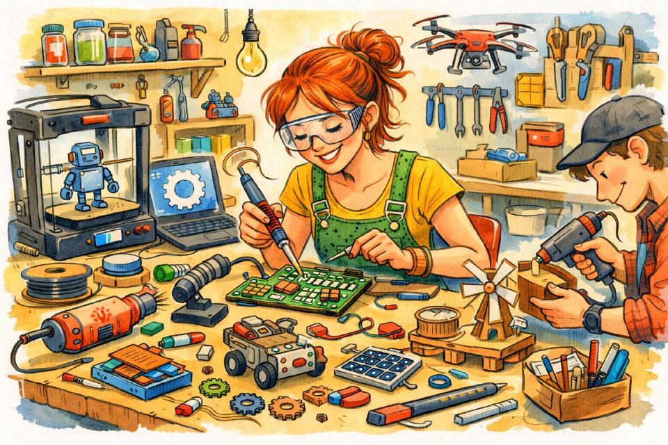 Dessin d'un atelier de création solidaire dans un fablab